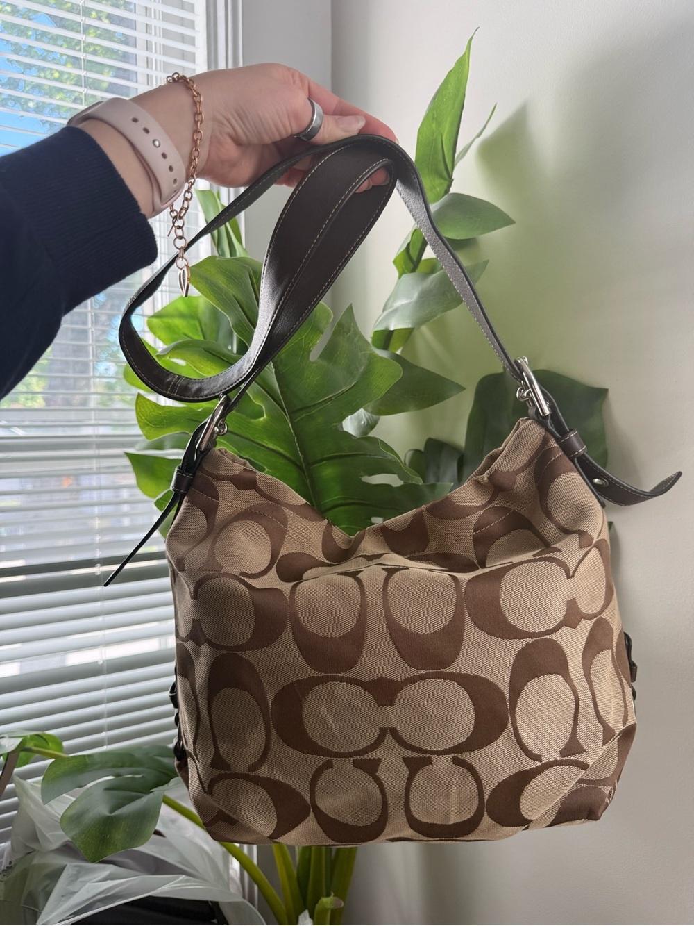 Coach Brown Signature Canvas Shoulder Bag with Dark Brown Trim